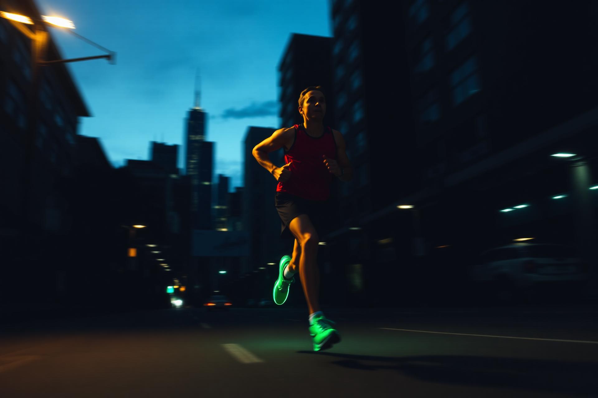 Runner claiming territory through a city street at dusk